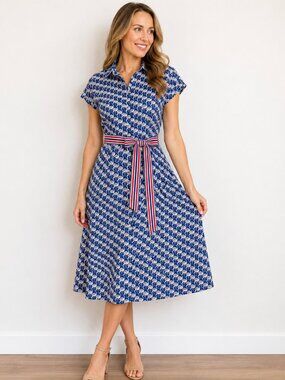 Blue Flamingo Print Shirt Dress with Striped Belt